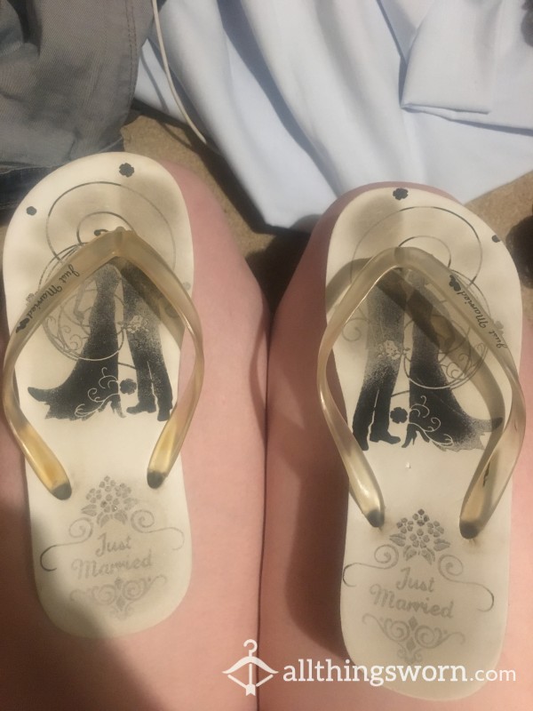Dual Wear Flip Flops - Keep It In The Family.....Sister’s Size 4 Wedding Day Filthy Flip Flops Which I Will Then Wear On My Size 6 Feet For As Long As You’d Like With Daily Foot Pics Included
