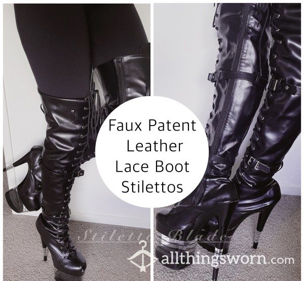 Faux Patent Black Leather Platform Lace Heels
