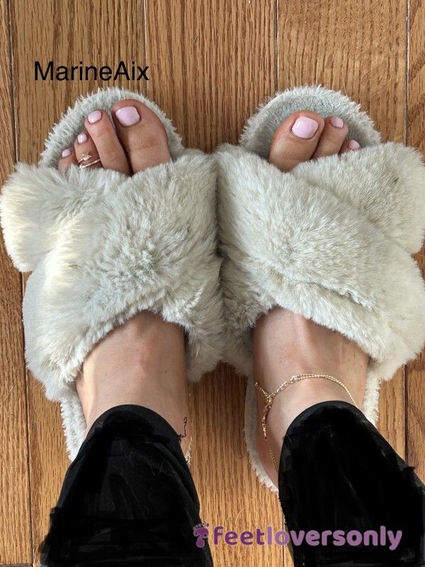 Four Photos Of My Feet With Fuzzy Slippers