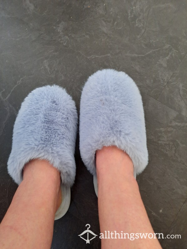 Fluffy Blue Slippers Worn Daily
