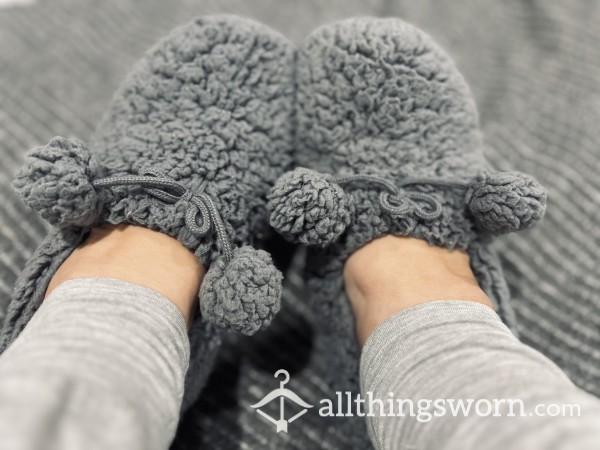 Fluffy Grey Slippers With Pom Poms $30aud