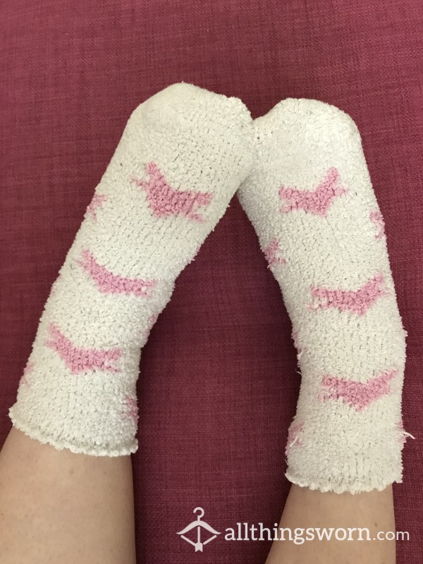 Fluffy Sweaty Well Worn Pink And White Socks