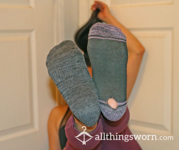 Funky Black, Grey, And Purple Mismatched Holey Socks