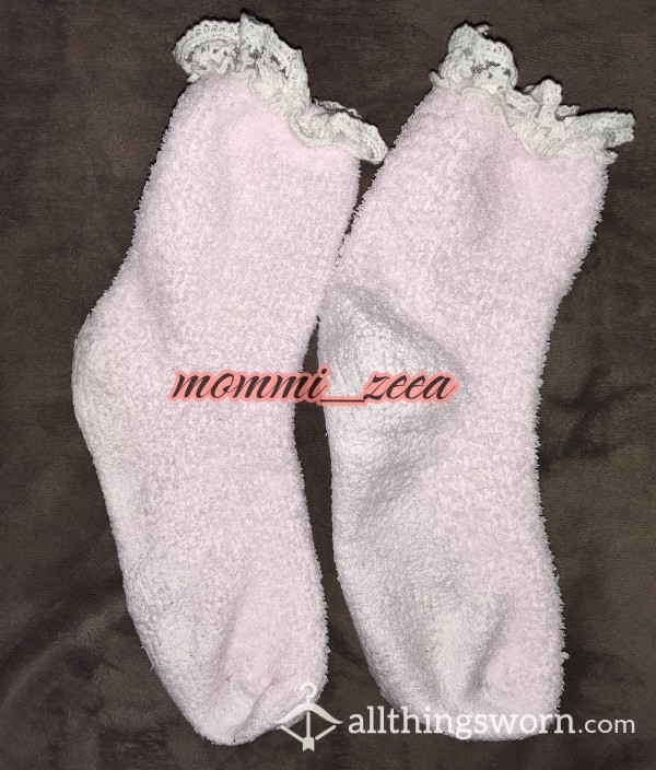 Fuzzy Pink Socks With Lace Trim • One Size