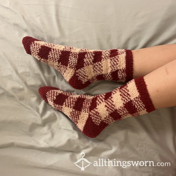 Fuzzy Red Plaid Checkered Socks