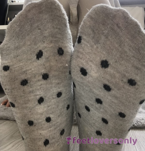 Gray Socks With Dots On Petite Feet👃 Worn 3 Days In A Row! 👣 Delicious Arouse Of Teen Feet👄