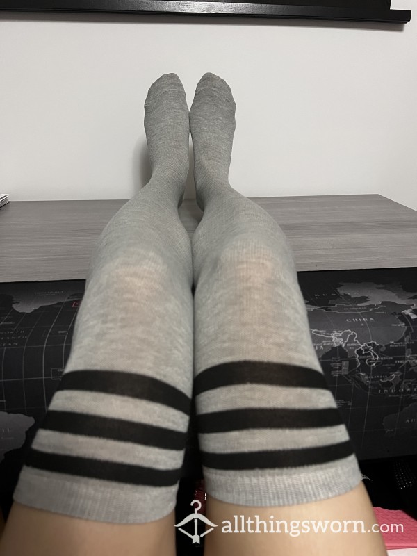 Gray With Triple Black Stripes Thigh High Socks