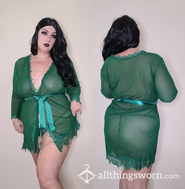 Green Mesh And Lace Detail Open Front Robe With Ribbon Closure