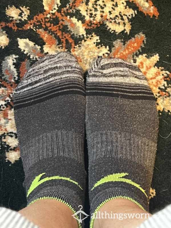 Grey Ankle Socks With Black And White Stripes, And Green Trim