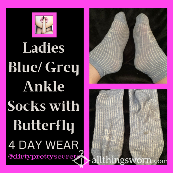 Grey/ Blue Ankle Socks With Butterfly Decal 💞💕💓 4 DAY WEAR 💗