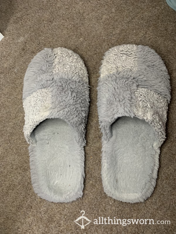 Grey Fuzzy Slippers Worn 4 Years Throughout The Winter