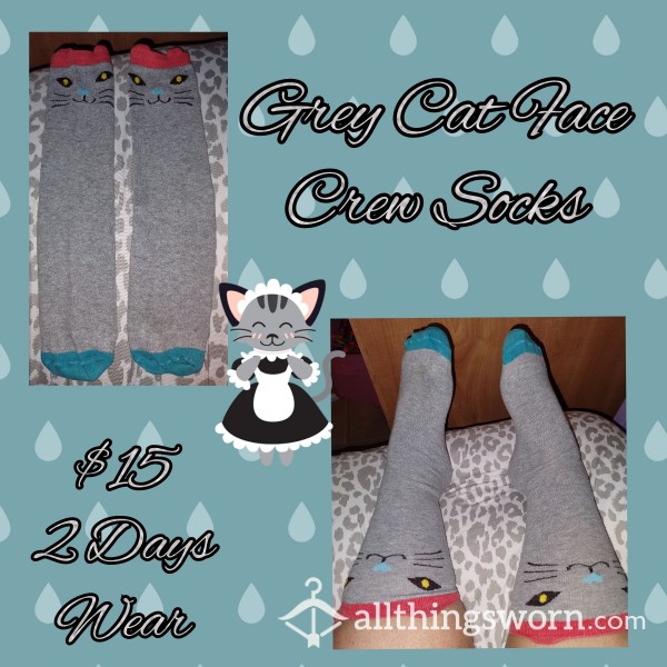 Grey Kitty Cat Face Crew Socks