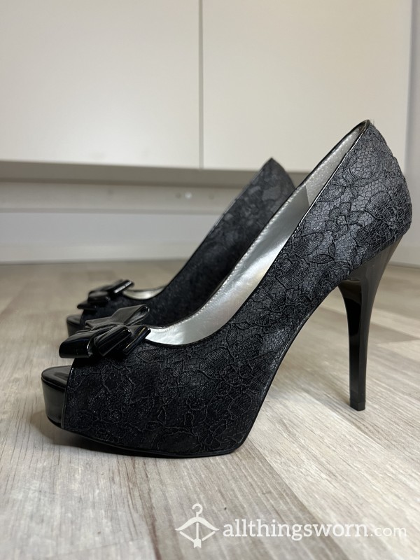 GUESS Sexiest Black Heels Open Toe With Bow And Lace. Free Pantyhose With Purchase!