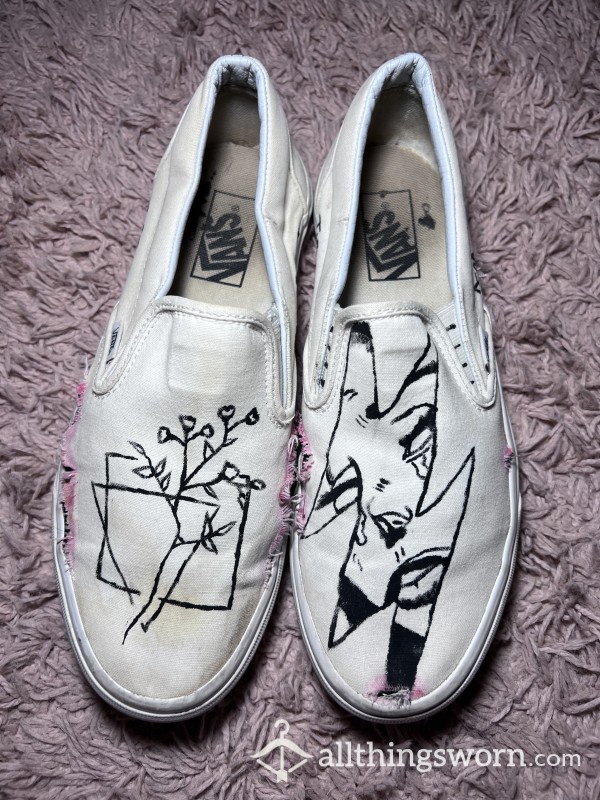 Hand Painted Old Worn Out White Vans