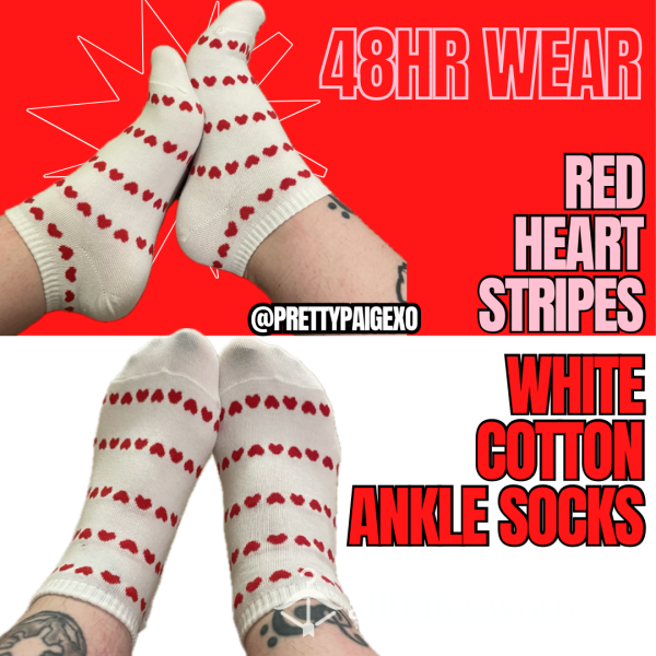 Heart Stripes Ankle Socks 💋 White Cotton, Worn 48hrs ❣️
