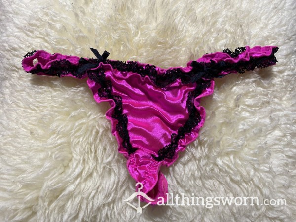 Hot Pink Satin Thong With Lace Detailing