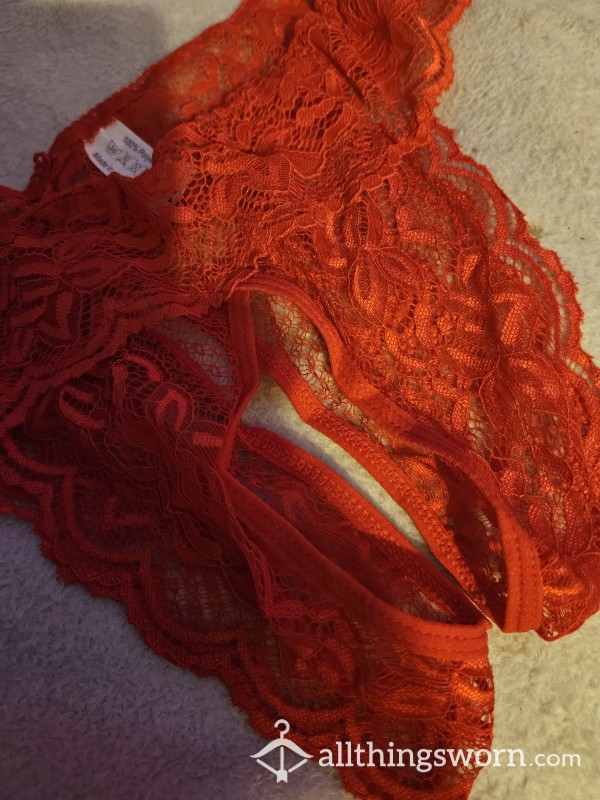 Hot Red Lace Crotchless Panties