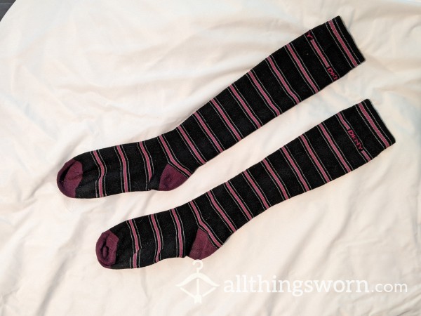 DKNY Knee High Black And Pink Striped Cotton Socks