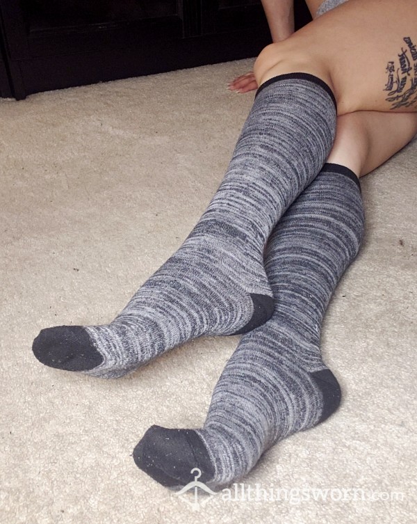 Knee High Heathered Grey & Black Tall Long Socks On Japanese Asian Petite Tiny Feet