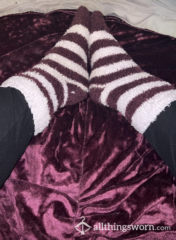 Lavender And Maroon Striped Aloe Infused Fuzzy Socks