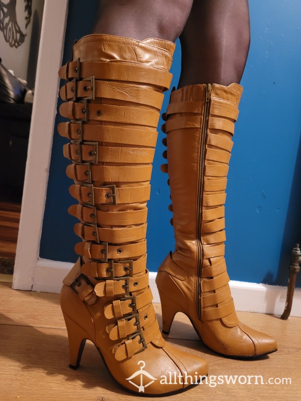 Leather Boots Heels With Buckles Size 5 Worn With Stockings Sexy Nylon Feet, Nylons And P&P UK Included