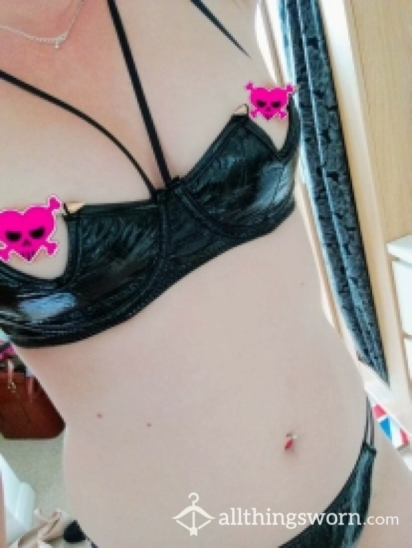 Leather PVC Bra And Panties With Gold Nipple Bar