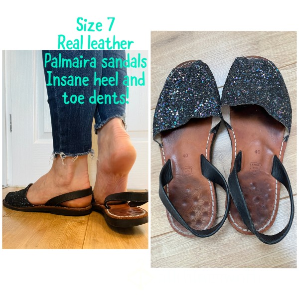 Leather Sparkly Palmaira Sandals. Worn For Years With Amazing Toe And Heel Dents. Size 7