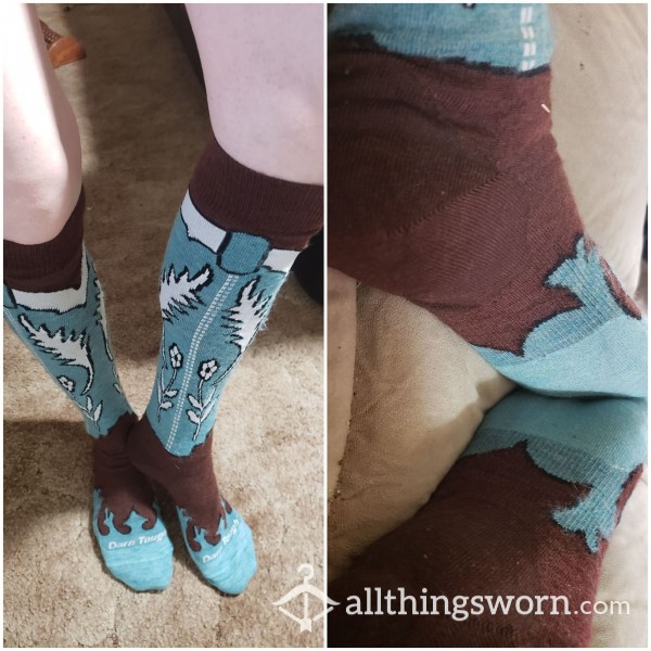 Light Blue, Brown And White Knee Highs With Flowers And Leaf Design.