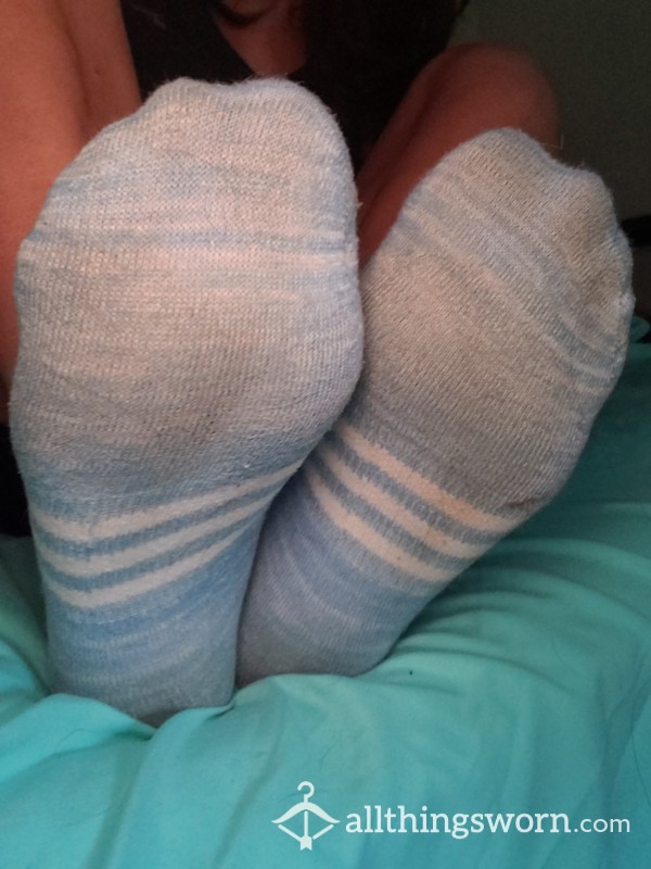 Currently Dirty & Worn Today! Blue And White Adidas Athletic Socks Ships Free Includes 5 Days Wear