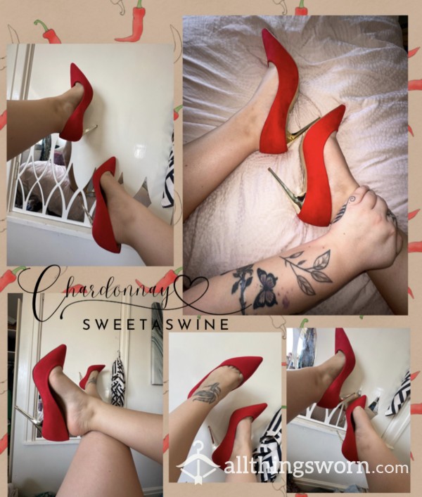 🍷UK 7|Sexy Red Suede Gold Heels👠