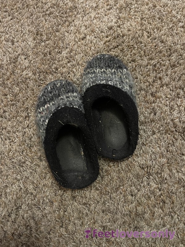 Old And Worn, Grey And Black Slippers