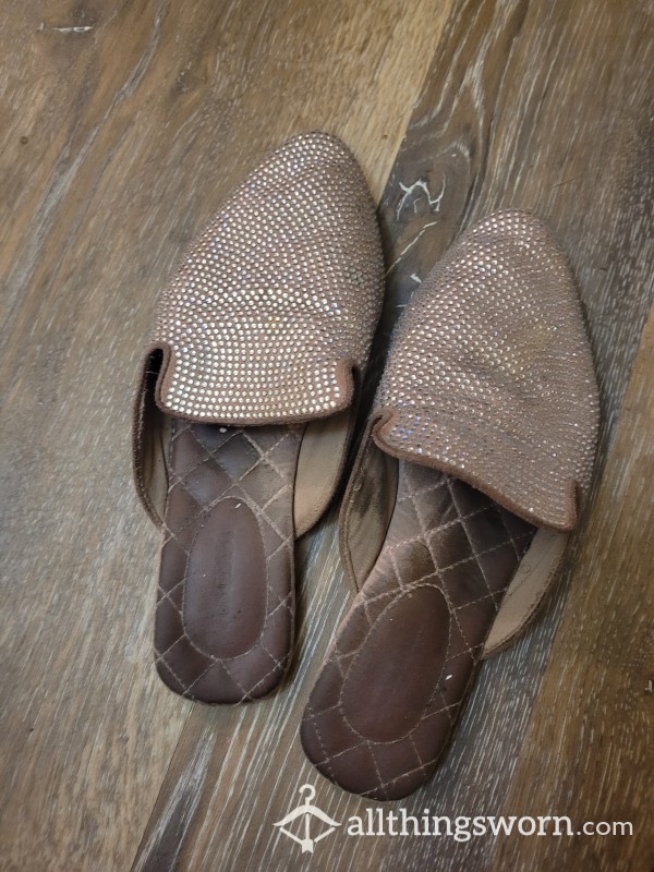 Old Dirty Bedazzled Pinkish Nude Flats Open Back
