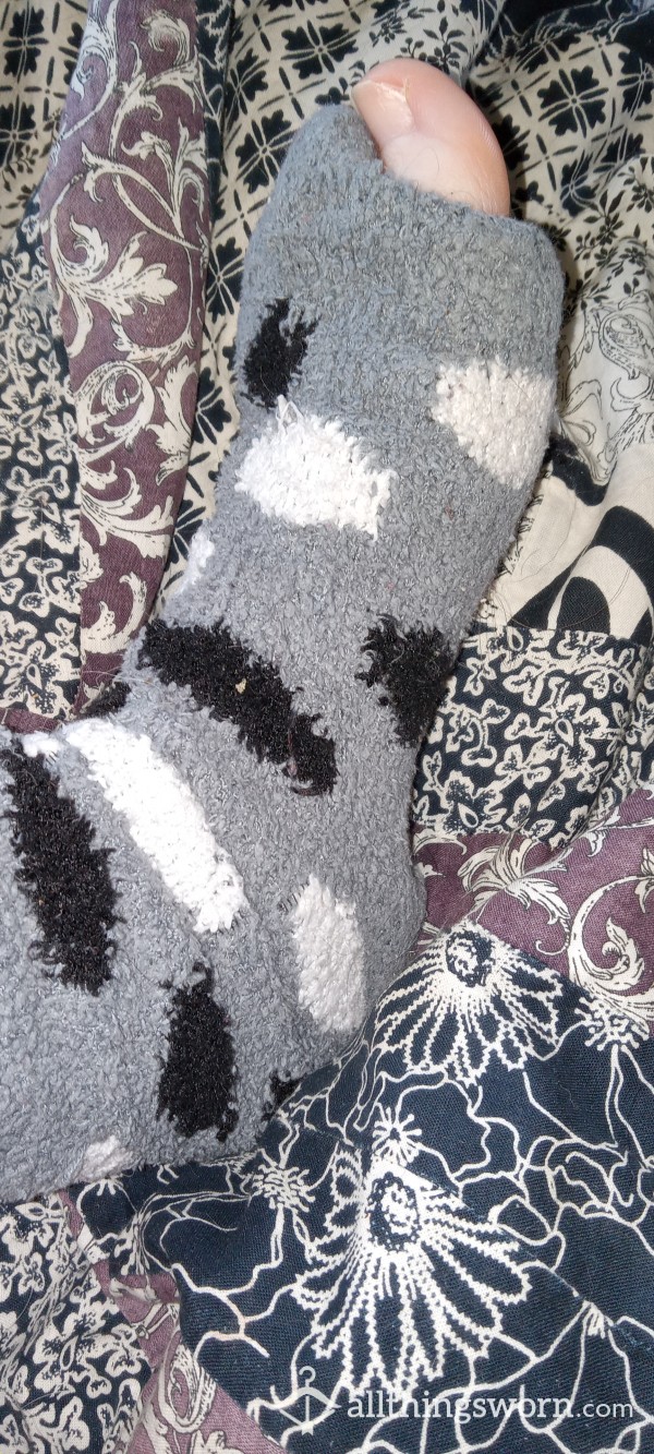 Old, Fuzzy, Gray, Polka-dot Crew Socks With Big Toe Hole!