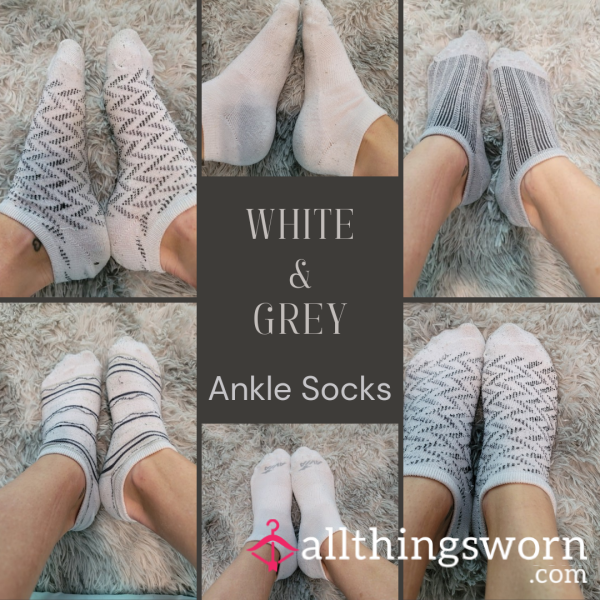 🧦🩶🤍 Old White & Grey Ankle Socks~ Worn Just How You Like