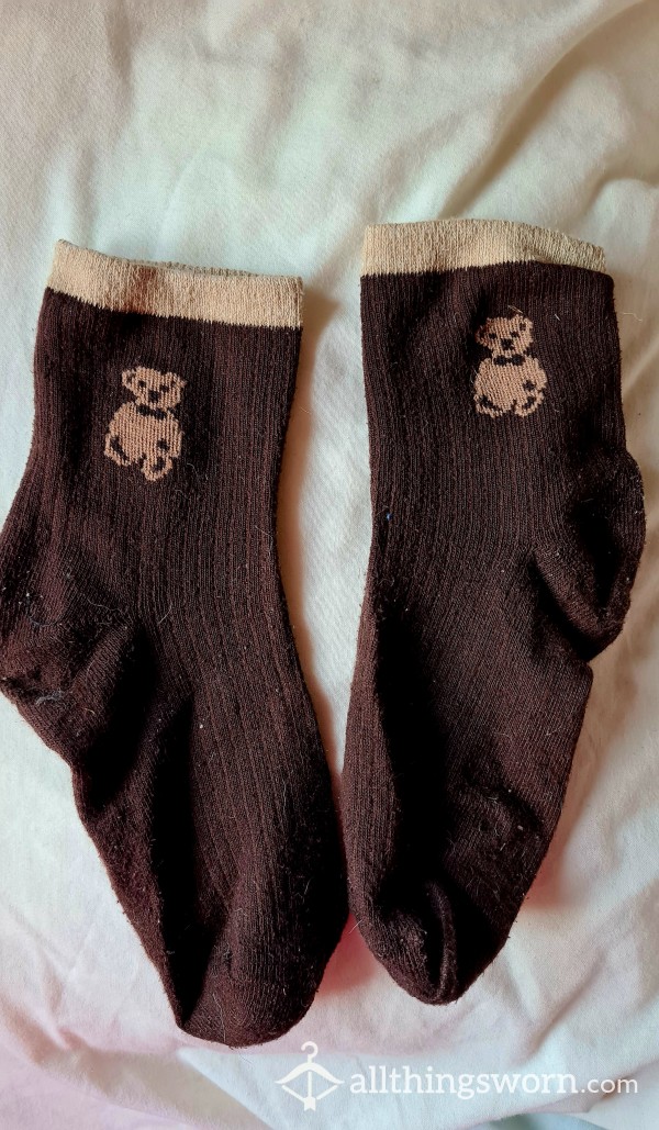 Old Worn Cute Teddy Bear Ankle Socks.  Worn For 1 Week.  Free P&p Uk