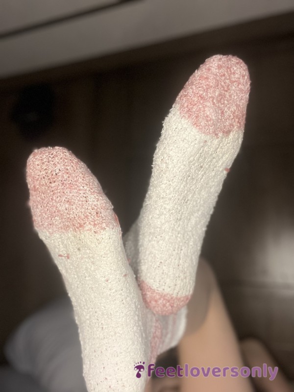 Pink And White Fuzzy Crew Length Socks
