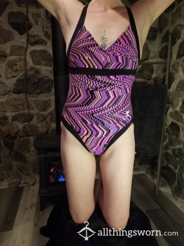 Pink Purple And Black Athletic Well-Worn One-Piece Swimsuit