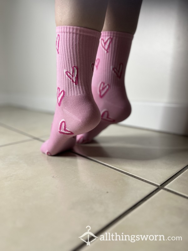 💞 Worn Pink Socks With Heart Details 💞 Worn 24 Hours- Free Uk Shipping