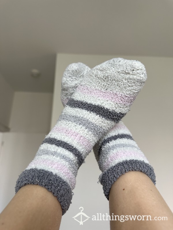Pink Striped Fuzzy Socks, No Grips (Extremely Well Loved!)