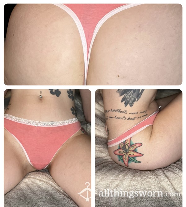***SOLD***Pink Thong With White Lace Trim