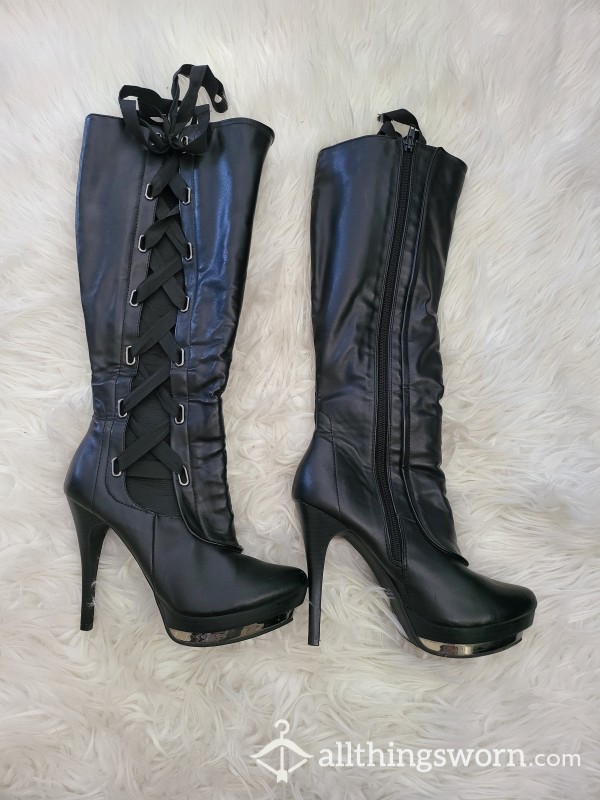 Platform Heel Knee High Faux Leather Boots