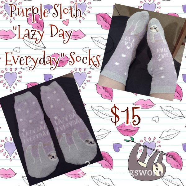 Purple Fuzzy "Lazy Day Everyday" Sloth Socks