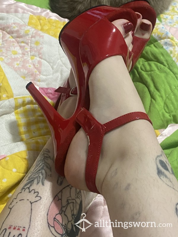 Red 6 Inch Stripper Style Heels Very Worn In And Loved