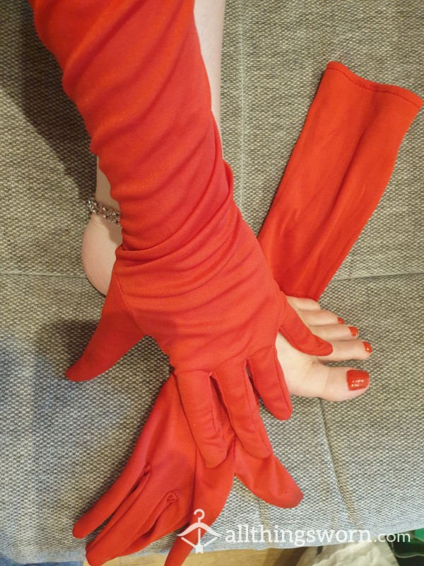 Red, Cotton, Well Worn, Stained Long Gloves