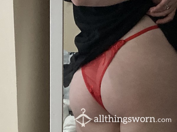 [SOLD] Red Lacy 24hr Worn Patterned Sexy Strap Thong