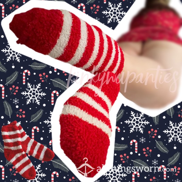 Red & White Super Fuzzy Socks - Includes 2-day Wear & U.S. Shipping