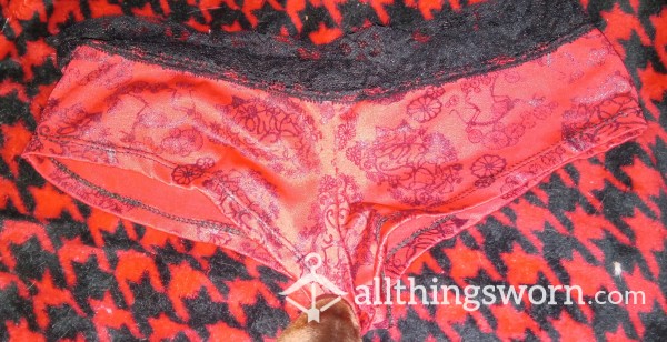 Old, Red With Black Pattern & Lace Panties, Size Small