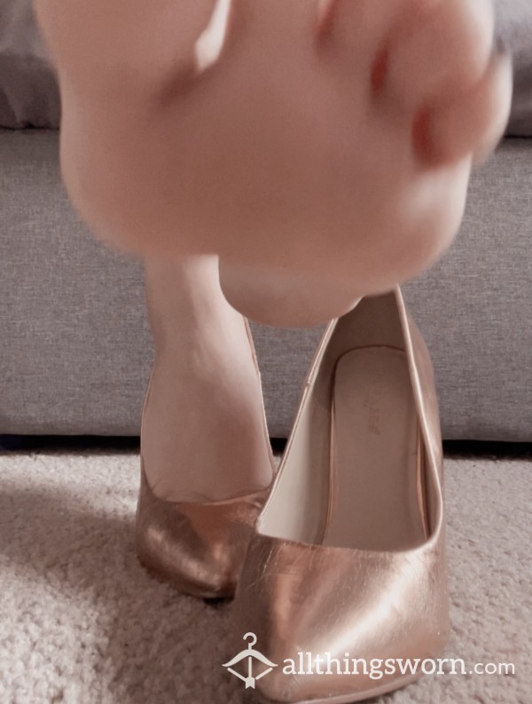 Rose Gold Worn Stiletto Heel Tease Barefoot