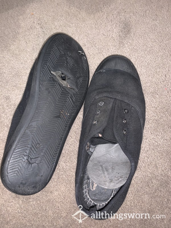Scrappy, Holey, Very Very Well Worn Flat Black Work Shoes