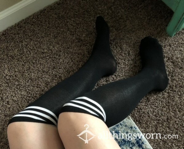 Sexy Black Knee Highs With White Stripes - Large Feet 11W